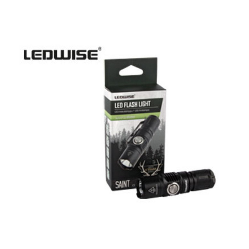 LEDWISE SAINT LED CREE XP-L professional flashlight, includes: 16340 battery, belt clip, USB cable, metal clip and O-ring