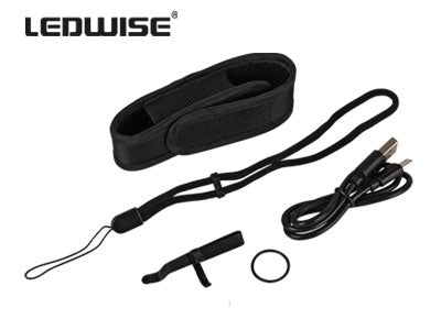 LEDWISE SAINT LED CREE XP-L professionell ficklampa, komplett set: 16340 batteri, bältesklämma, USB-kabel, metallklämma och O-ring