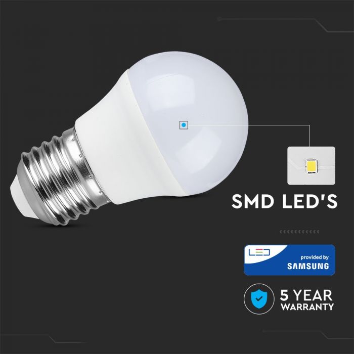 E27 5.5W(470Lm) LED Spuldze, G45, V-TAC SAMSUNG PRO, garantija 5 gadi, auksti balta gaisma 6400K