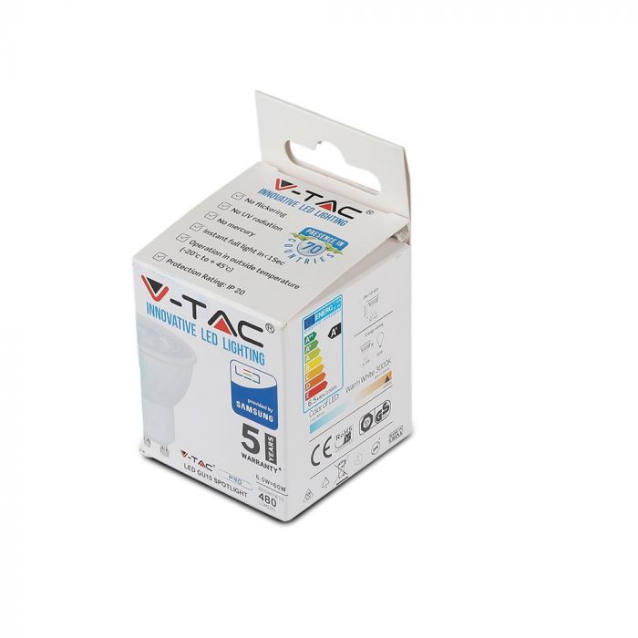 GU10 6.5W(480Lm) LED Spuldze V-TAC SAMSUNG PRO, garantija 5 gadi, auksti balta gaisma 6400K