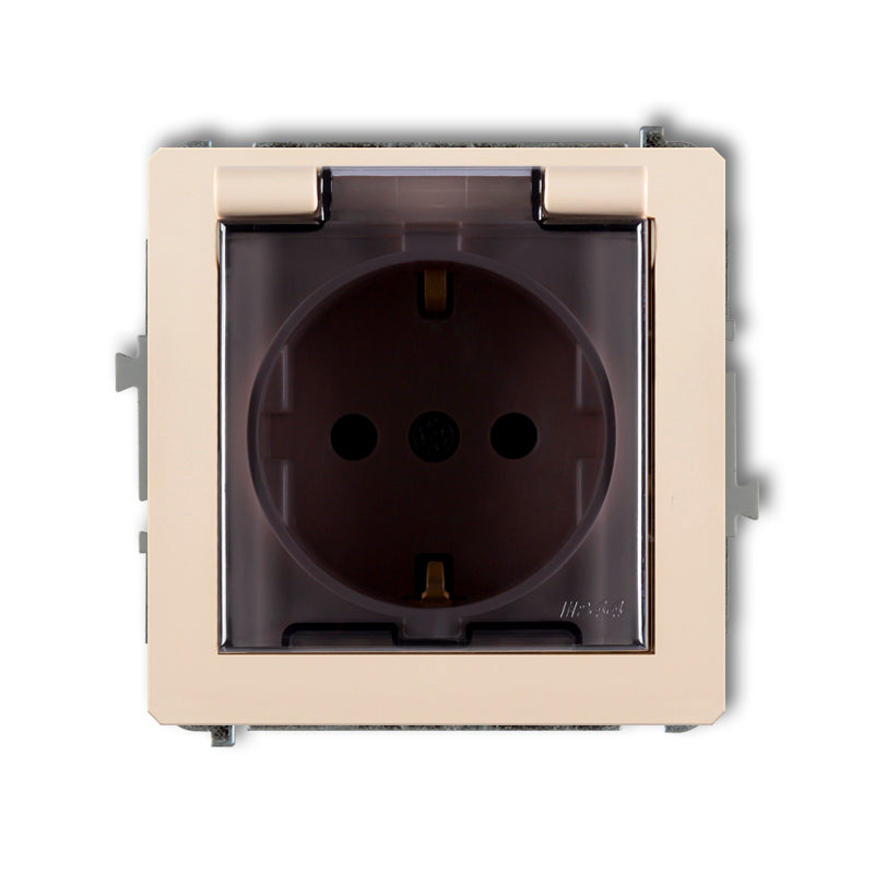 Kontaktligzdas mehānisms, ar aizsardzību pret šļakatām, ar iezemējumu SCHUKO 2P+Z (caurspīdīga atloka)