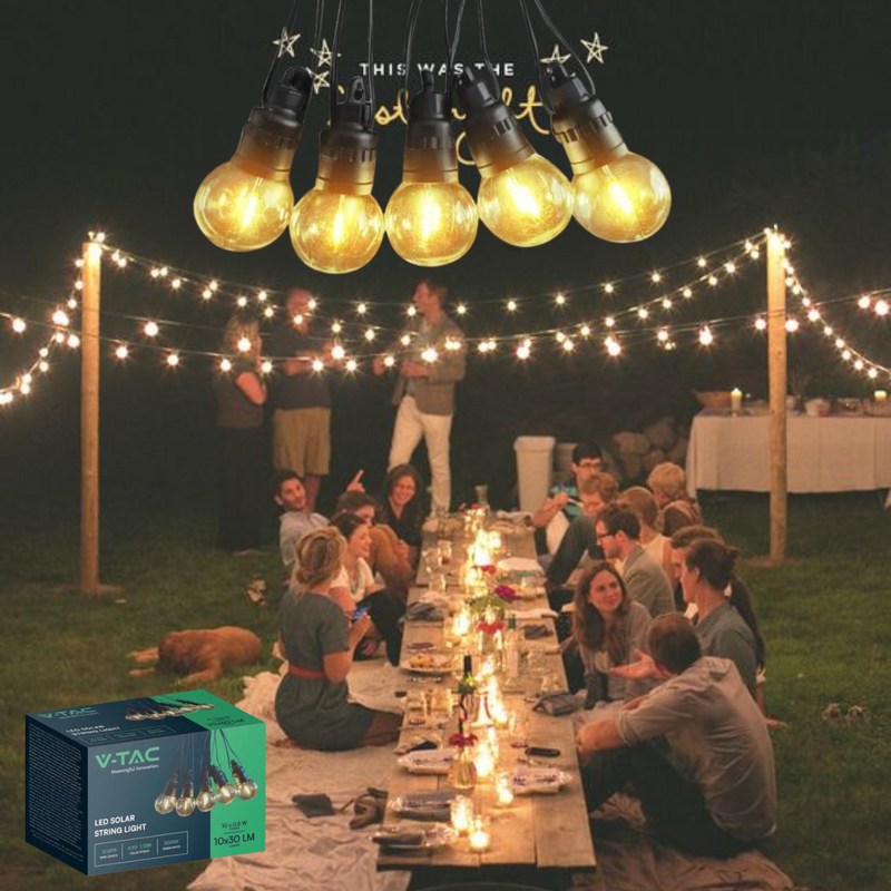SOLAR LED string light 12m long with solar panel (1.12W) with 10 LED 0.5W G50 bulbs, IP44, 3000K