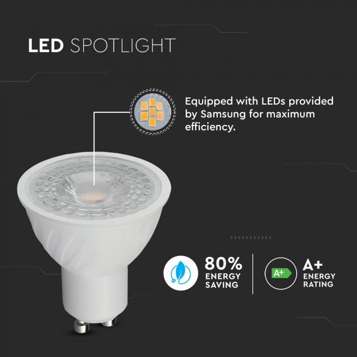 GU10 6.5W(450Lm) LED-lambi V-TAC SAMSUNG PRO, 5 aastat garantiid, timmitav, jaheda valge 6400K