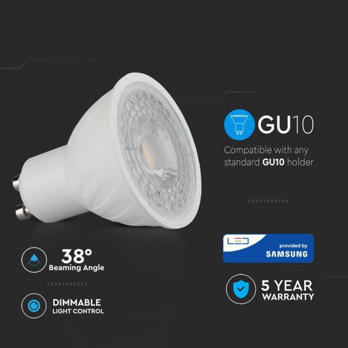 GU10 6.5W(450Lm) Светодиодная лампа V-TAC SAMSUNG PRO, гарантия 5 лет, диммируемая, холодный белый 6400K