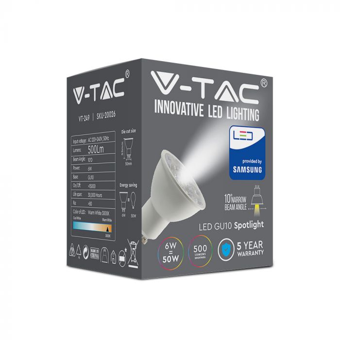 GU10 6W(500Lm) LED Spuldze, SMD, V-TAC SAMSUNG, garantija 5 gadi, IP20, neitrāli balta gaisma 4000K