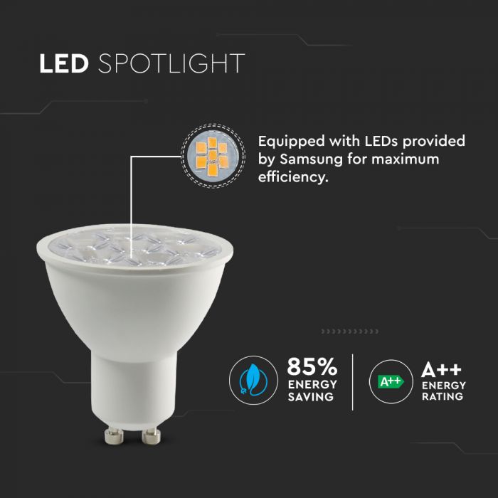 GU10 6W (500Lm) LED-lampa, SMD, V-TAC SAMSUNG, 5 års garanti, IP20, 6400K kallvitt ljus