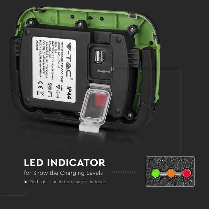 10W (700Lm) LED-valgusti, 3.7V Li-Ion 3600mAh, laetav, USB, V-TAC SAMSUNG, IP44, must/roheline korpus, neutraalne valge valgus 4000K