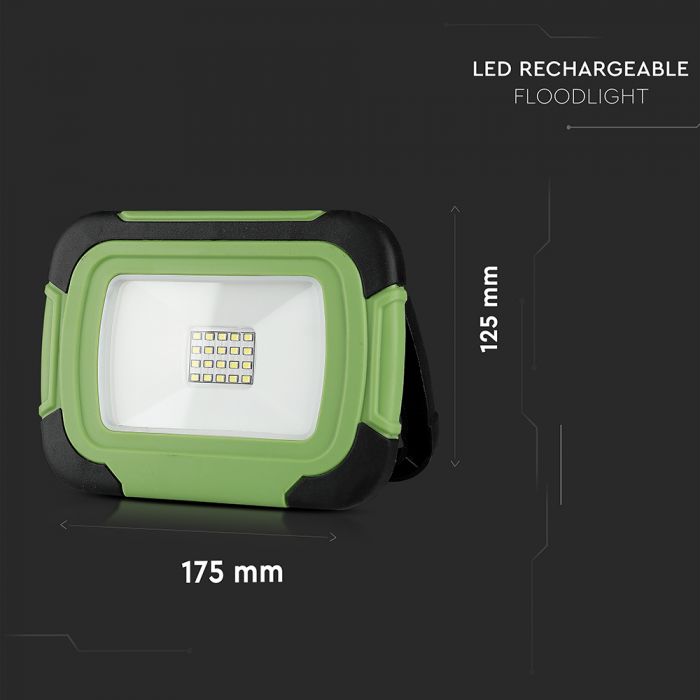 10W(700Lm) LED Prožektors, 3.7V Li-Ion 3600mAh, iebūvēts akumulators 3600mAh, uzlādējams, USB, V-TAC SAMSUNG, IP44, melns/zaļš korpuss, neitrāli balta gaisma 4000K