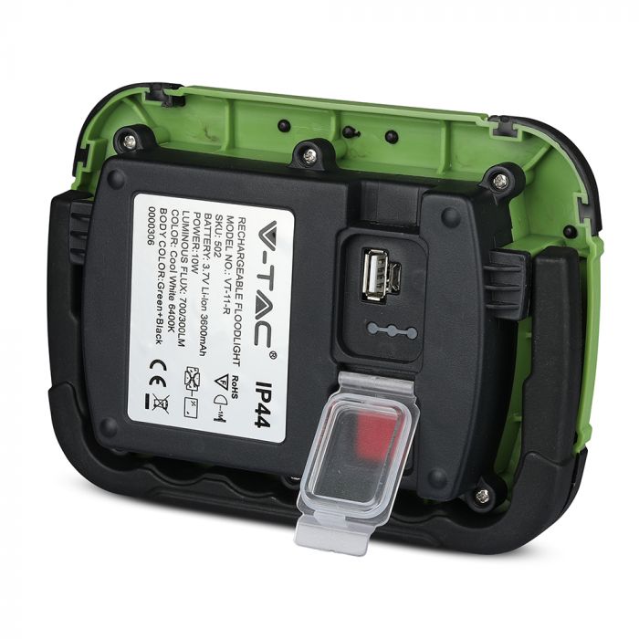 20W(1400Lm) LED Spotlight, 3.7V Li-Ion 7200mAh, rechargeable, USB, V-TAC SAMSUNG, IP44, black/green body, neutral white light 4000K