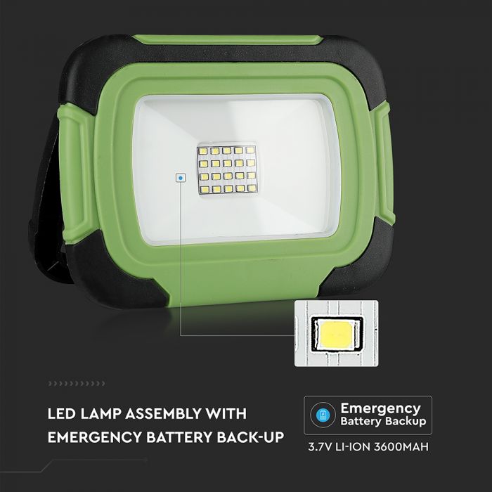 20W(1400Lm) LED Spotlight, 3.7V Li-Ion 7200mAh, rechargeable, USB, V-TAC SAMSUNG, IP44, black/green body, neutral white light 4000K