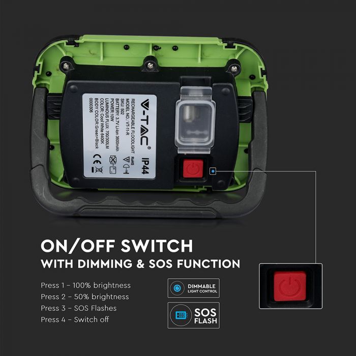 20W(1400Lm) LED Spotlight, 3.7V Li-Ion 7200mAh, rechargeable, USB, V-TAC SAMSUNG, IP44, black/green body, neutral white light 4000K