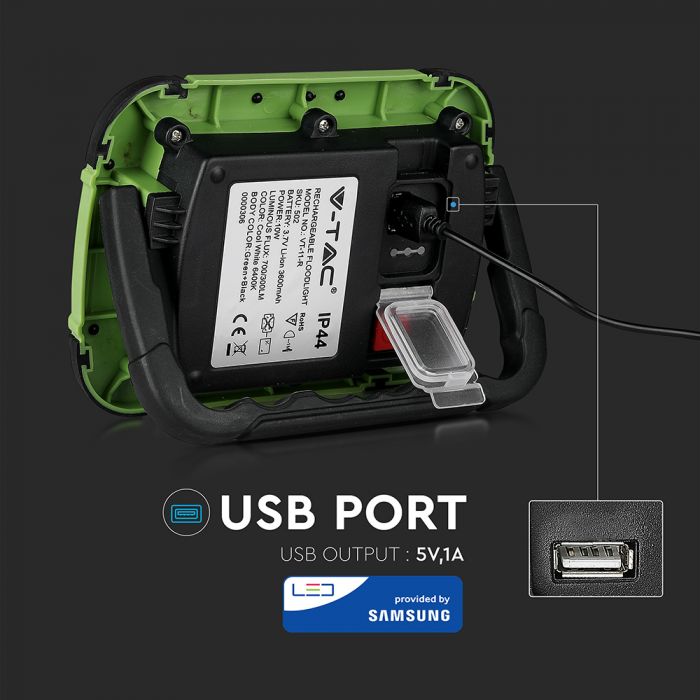 20W(1400Lm) LED Spotlight, 3.7V Li-Ion 7200mAh, rechargeable, USB, V-TAC SAMSUNG, IP44, black/green body, neutral white light 4000K