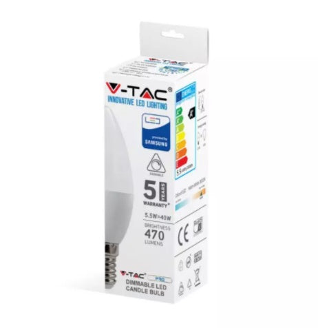 E14 5.5W(470Lm) LED-lambi, V-TAC SAMSUNG, IP20, 5 aastat garantiid, dimmerdatav, soe valge valgus 3000K