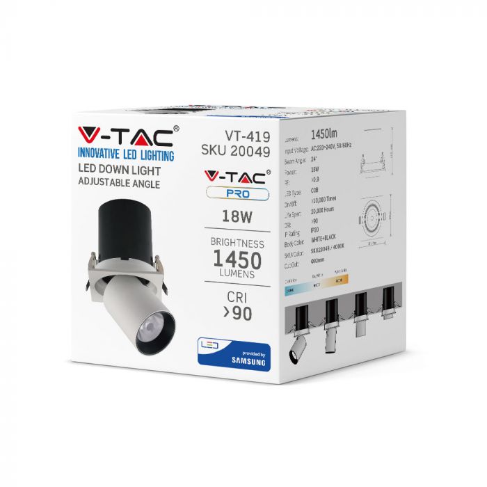 18W (1450Lm) infälld LED-reflektorarmatur, V-TAC SAMSUNG, IP20, 5 års garanti, neutralvit 4000K