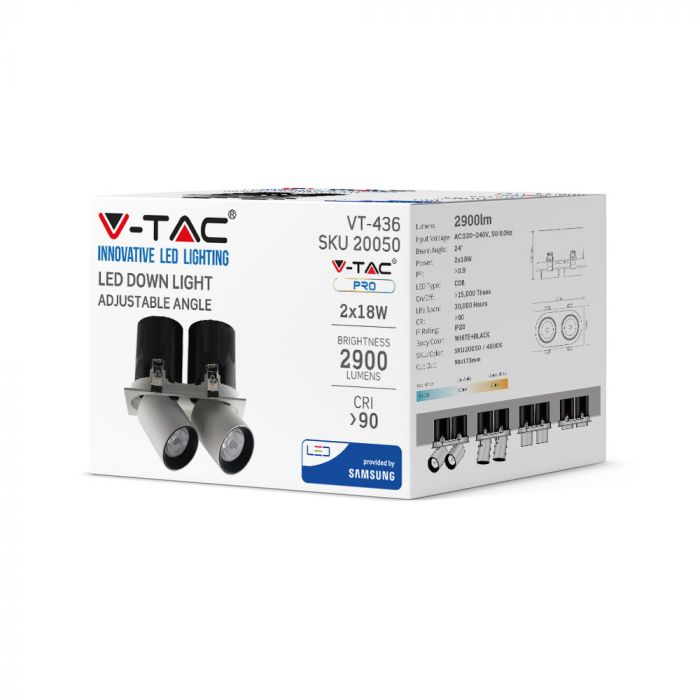 2x18W(2900Lm) infälld LED-reflektorarmatur, V-TAC SAMSUNG, IP20, 5 års garanti, neutralvit 4000K