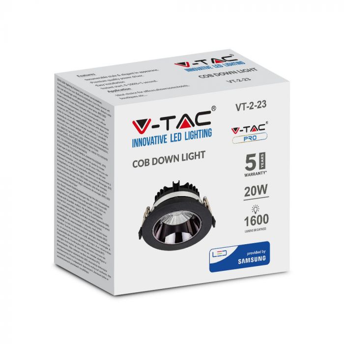 20W(1600Lm) LED COB iebūvējams reflektora tipa gaismeklis, V-TAC SAMSUNG, IP20, garantija 5 gadi, silti balta gaisma 3000K