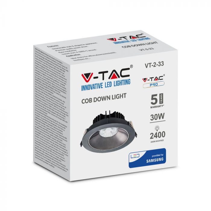 30W (2400Lm) LED COB süvistatav reflektorvalgusti, V-TAC SAMSUNG, IP20, 5 aastat garantiid, 6400K jaheda valge valgus