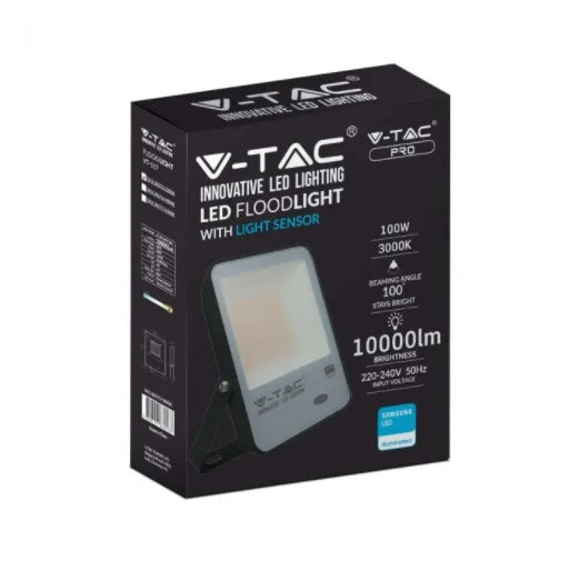 100W(10000Lm)  LED Prožektors V-TAC SAMSUNG ar gaismas sensoru, IK05, IP65, garantija 5 gadi, auksti balta gaisma 6500K