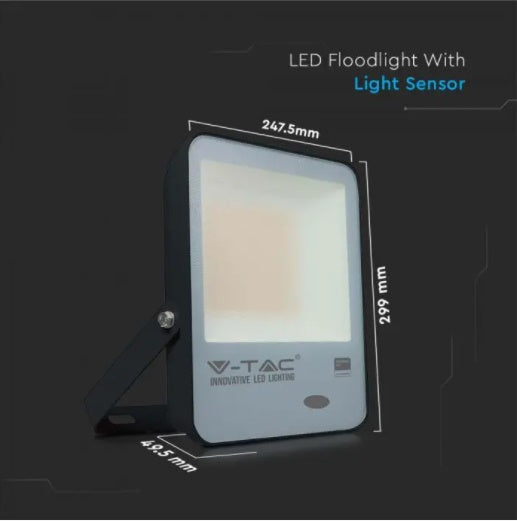 100W(10000Lm)  LED Prožektors V-TAC SAMSUNG ar gaismas sensoru, IK05, IP65, garantija 5 gadi, auksti balta gaisma 6500K