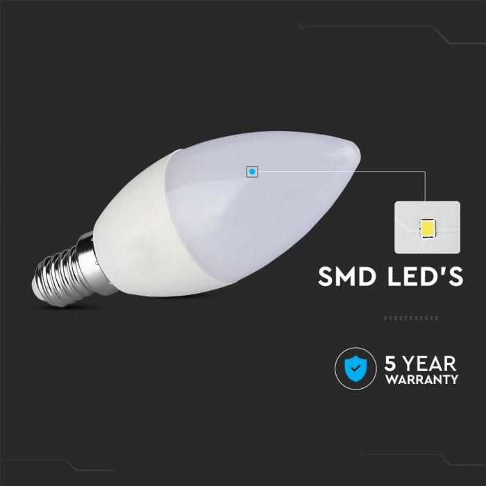 E14 5.5W(470Lm) LED spuldze, sveces forma, V-TAC SAMSUNG, dimmējama, auksti balta gaisma 6400K