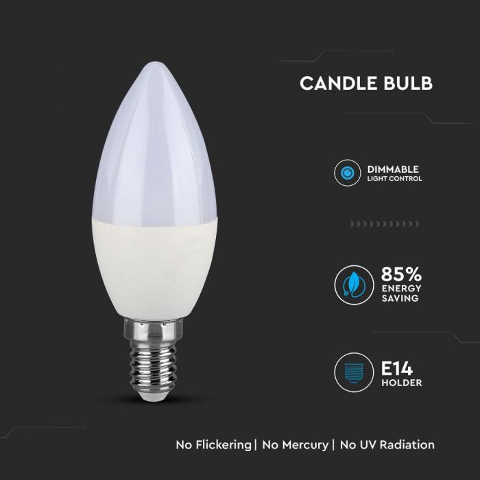 E14 5.5W(470Lm) LED spuldze, sveces forma, V-TAC SAMSUNG, dimmējama, auksti balta gaisma 6400K