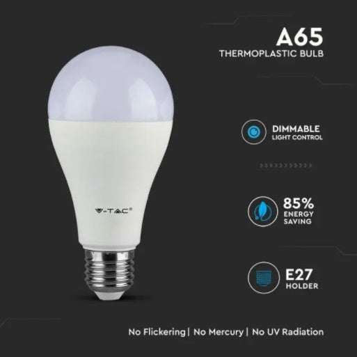 E27 17W(1521Lm) LED-lampa V-TAC SAMSUNG, 5 års garanti, A65, IP10, dimbar, kallvit 6400K