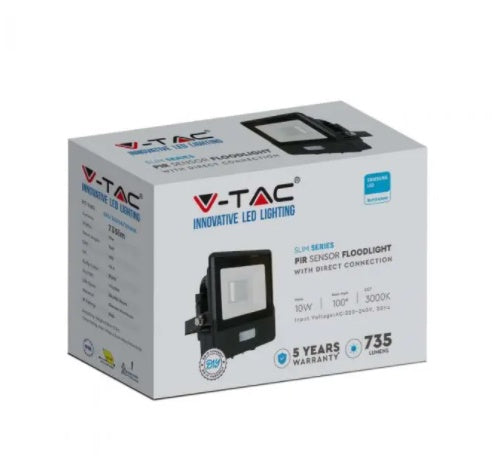10W(735Lm) LED Spotlight with PIR sensor, V-TAC SAMSUNG, warranty 5 years, IP65, black, warm white light 3000K