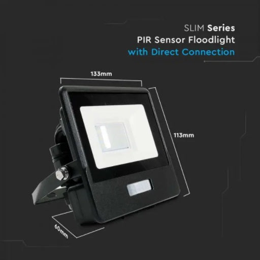 AKCIJA_10W(735Lm) LED Prožektors ar PIR sensoru, V-TAC SAMSUNG, garantija 5 gadi, IP65, melns, auksti balta gaisma 6500K