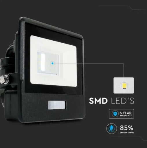10W(735Lm) LED-strålkastare med PIR-sensor, V-TAC SAMSUNG, 5 års garanti, IP65, svart, varmvitt ljus 3000K