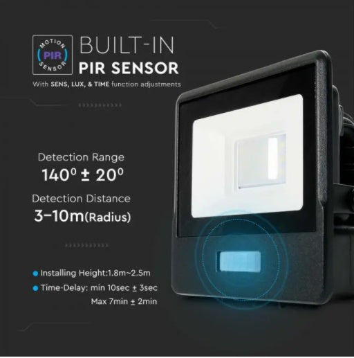 10W(735Lm) LED Prožektors ar PIR sensoru, V-TAC SAMSUNG, garantija 5 gadi, IP65, melns, silti balta gaisma 3000K