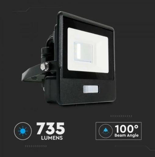 10W(735Lm) LED Prožektors ar PIR sensoru, V-TAC SAMSUNG, garantija 5 gadi, IP65, melns, silti balta gaisma 3000K
