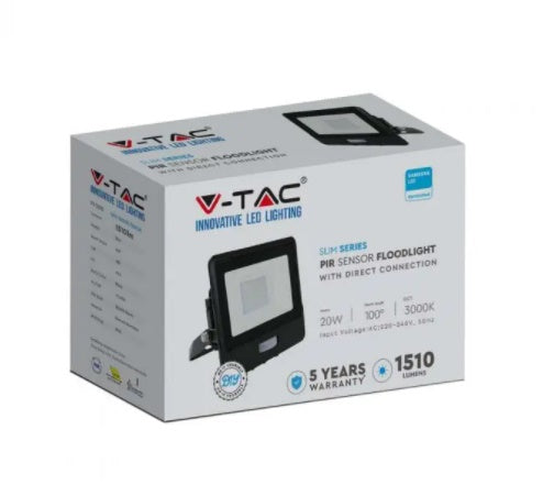 20W(1510Lm) LED-strålkastare med PIR-sensor, V-TAC SAMSUNG, 5 års garanti, IP65, svart, varmvitt ljus 3000K
