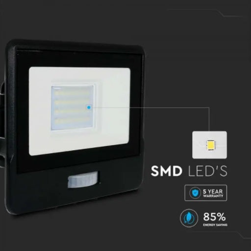 20W(1510Lm) LED-strålkastare med PIR-sensor, V-TAC SAMSUNG, 5 års garanti, IP65, svart, varmvitt ljus 3000K
