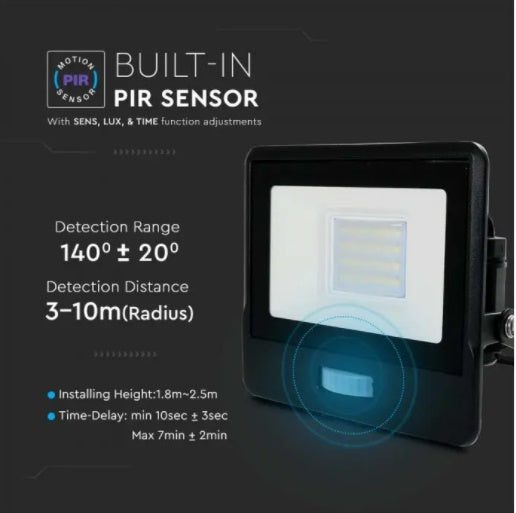 20W(1510Lm) LED-strålkastare med PIR-sensor, V-TAC SAMSUNG, 5 års garanti, IP65, svart, varmvitt ljus 3000K