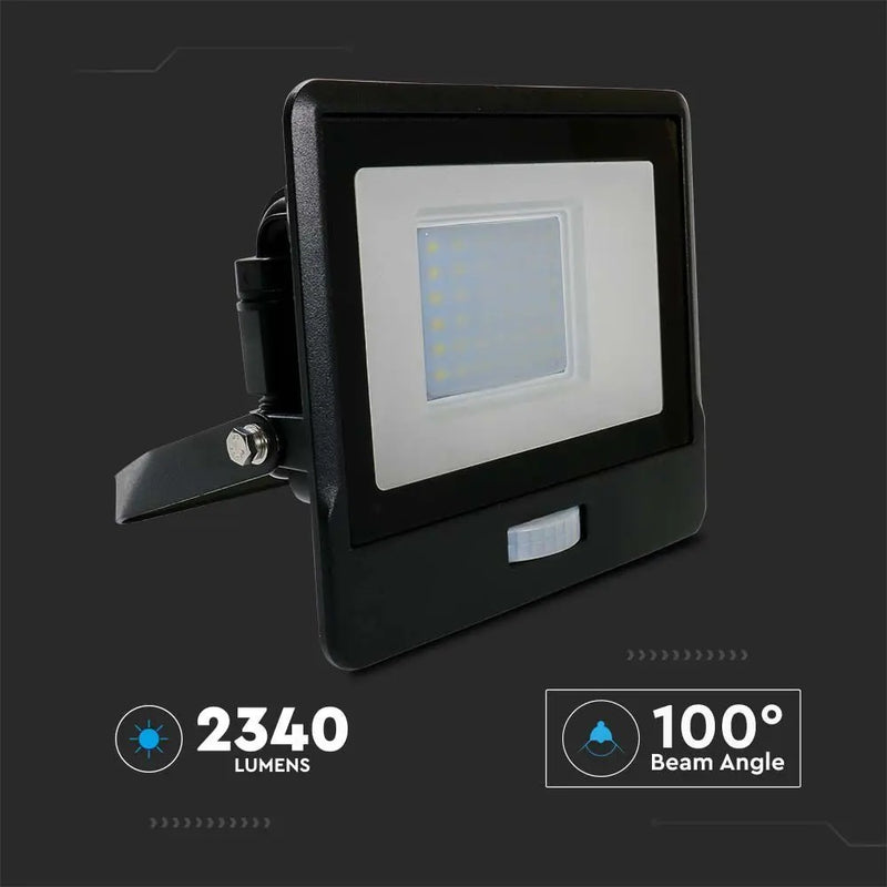 30W(2340Lm) LED spotlight with PIR sensor, V-TAC SAMSUNG, IP65, warranty 5 years, black, warm white light 3000K