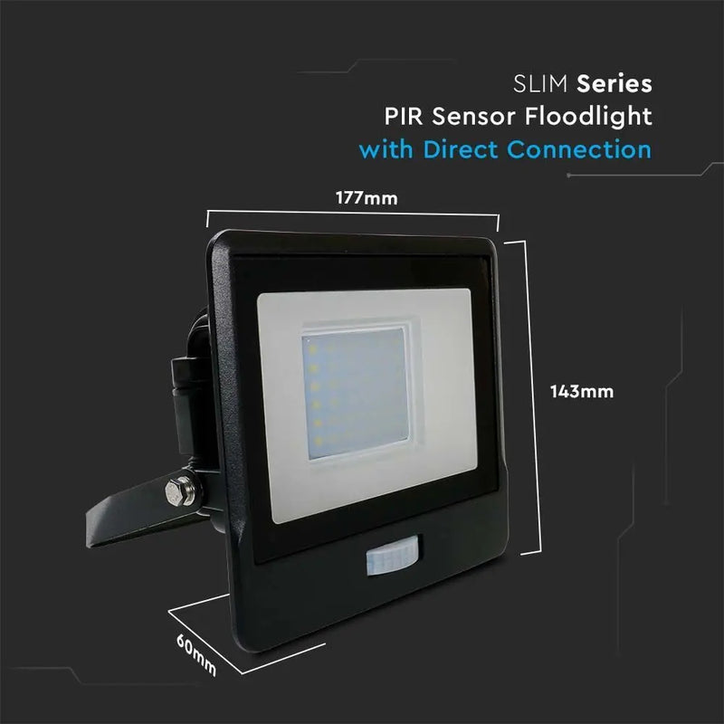 30W(2340Lm) LED prožektors ar PIR sensoru, V-TAC SAMSUNG, IP65, garantija 5 gadi, melns, neitrāli balta gaisma 4000K