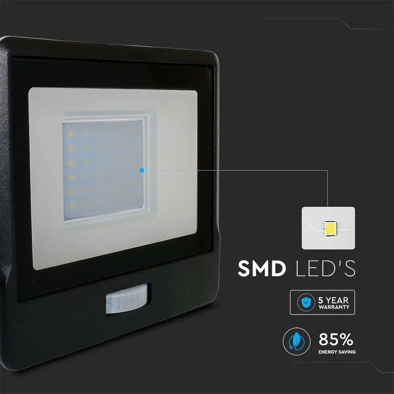 30W(2340Lm) LED spotlight with PIR sensor, V-TAC SAMSUNG, IP65, warranty 5 years, black, warm white light 3000K