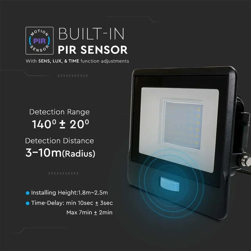 30W(2340Lm) LED spotlight with PIR sensor, V-TAC SAMSUNG, IP65, warranty 5 years, black, warm white light 3000K