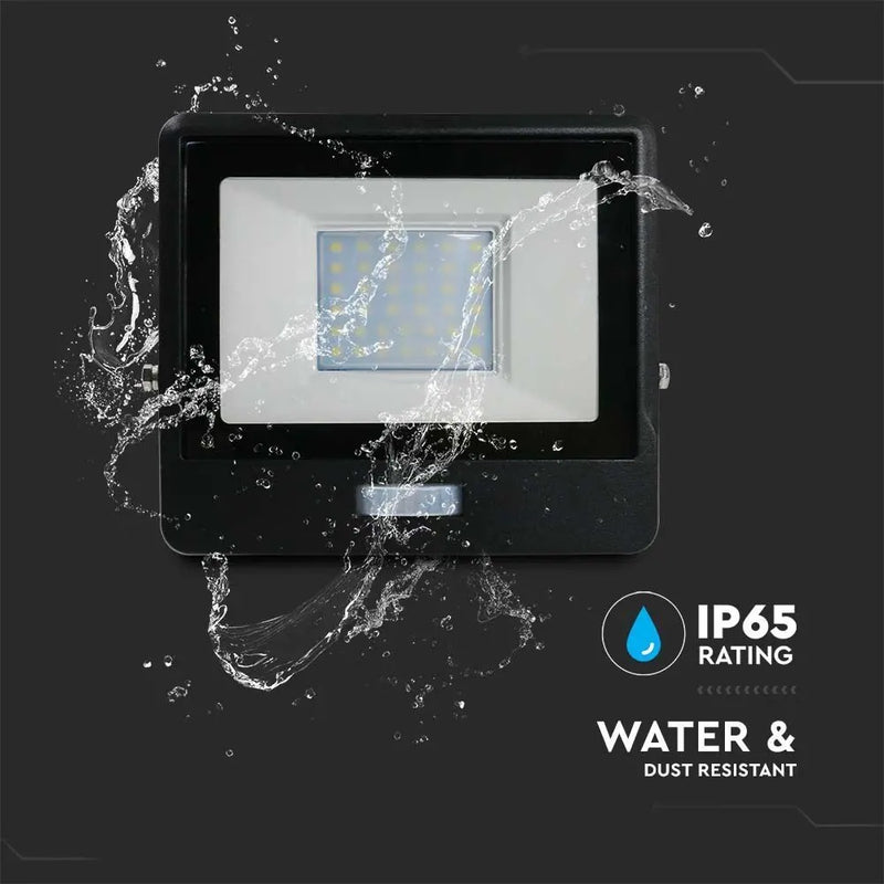 30W(2340Lm) LED spotlight with PIR sensor, V-TAC SAMSUNG, IP65, warranty 5 years, black, warm white light 3000K