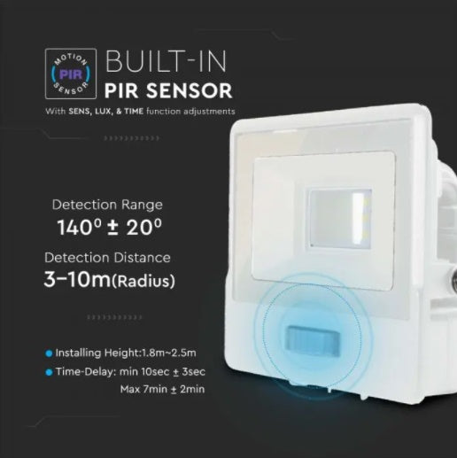 10W(735Lm) LED Prožektors ar PIR sensoru, V-TAC SAMSUNG, garantija 5 gadi, IP65, balts, silti balta gaisma 3000K