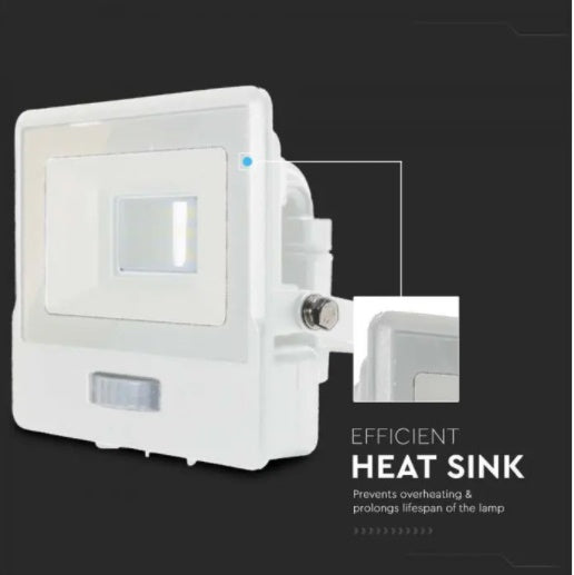 10W(735Lm) LED Prožektors ar PIR sensoru, V-TAC SAMSUNG, garantija 5 gadi, IP65, balts, auksti balta gaisma 6500K