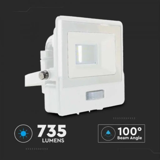 10W(735Lm) LED Prožektors ar PIR sensoru, V-TAC SAMSUNG, garantija 5 gadi, IP65, balts, auksti balta gaisma 6500K