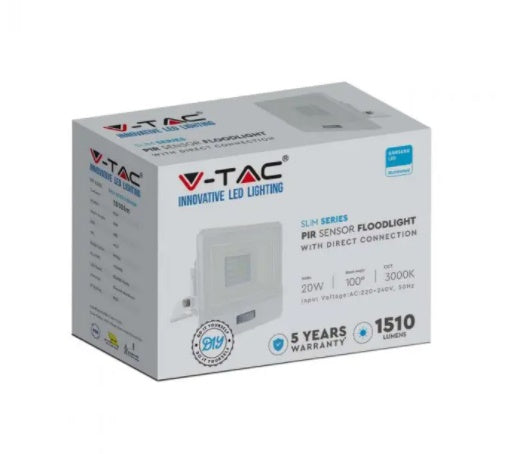 20W(1510Lm) LED-strålkastare med PIR-sensor, V-TAC SAMSUNG, 5 års garanti, IP65, vitt, kallvitt ljus 6500K