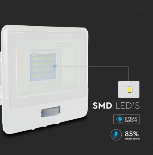 20W(1510Lm) LED-strålkastare med PIR-sensor, V-TAC SAMSUNG, 5 års garanti, IP65, vitt, kallvitt ljus 6500K