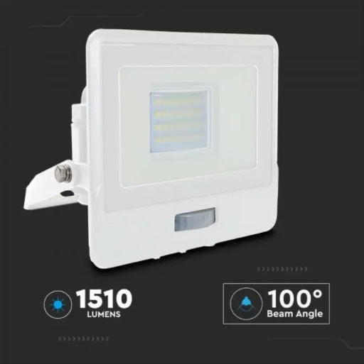 20W(1510Lm) LED-strålkastare med PIR-sensor, V-TAC SAMSUNG, 5 års garanti, IP65, vitt, kallvitt ljus 6500K