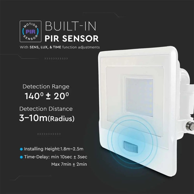 50W(4000Lm) LED prožektors ar PIR sensoru, V-TAC SAMSUNG, IP65, garantija 5 gadi, balts, silti balta gaisma 3000K