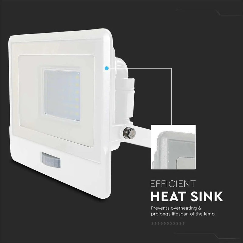 30W(2340Lm) LED prožektors ar PIR sensoru, V-TAC SAMSUNG, IP65, garantija 5 gadi, balts, auksti balta gaisma 6500K