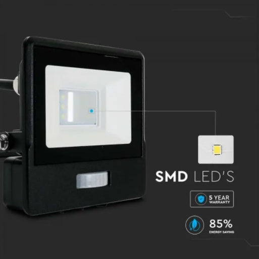 10W(735Lm) LED Prožektors V-TAC SAMSUNG ar PIR sensoru, garantija 5 gadi, IP65, melns, silti balta gaisma 3000K
