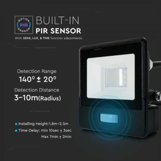 10W(735Lm) LED Spotlight V-TAC SAMSUNG with PIR sensor, warranty 5 years, IP65, black, cold white light 6500K