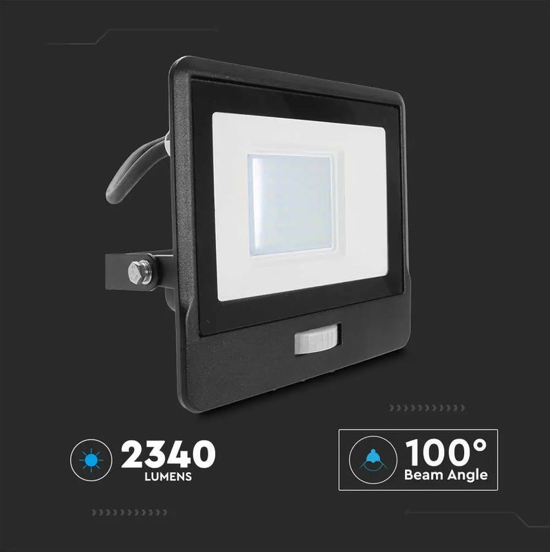 30W(2340Lm) LED Spotlight V-TAC SAMSUNG with PIR sensor, warranty 5 years, IP65, black, warm white light 3000K